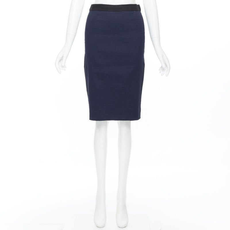 LANVIN ALBER ELBAZ 2014 navy blue linen blend exposed zip pencil skirt FR34 26"