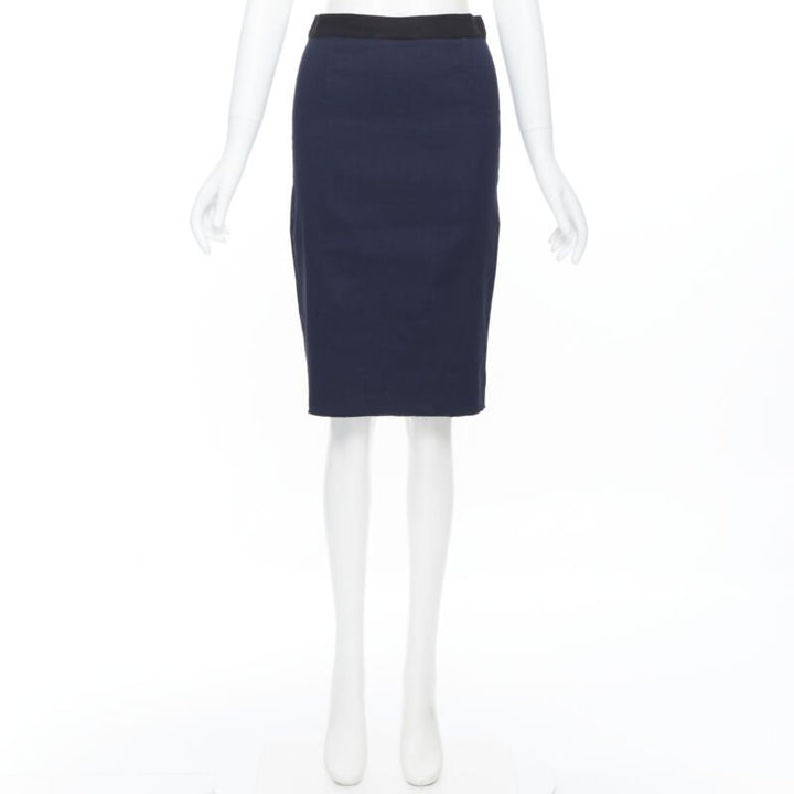 LANVIN ALBER ELBAZ 2014 navy blue linen blend exposed zip pencil skirt FR34 26"