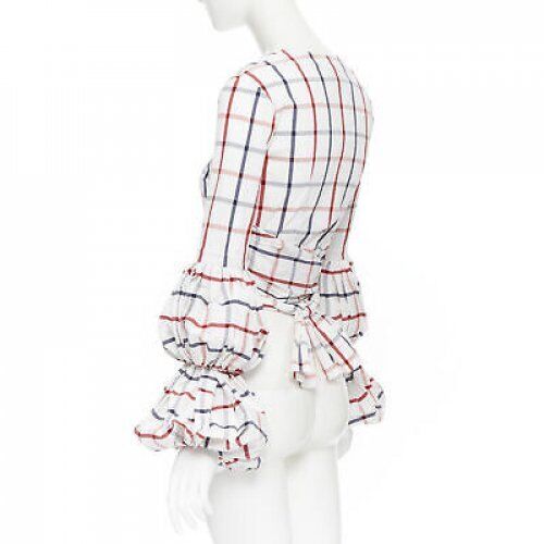 ROSIE ASSOULIN 2018 white checked seersucker puff sleeve wrap top US0 XS