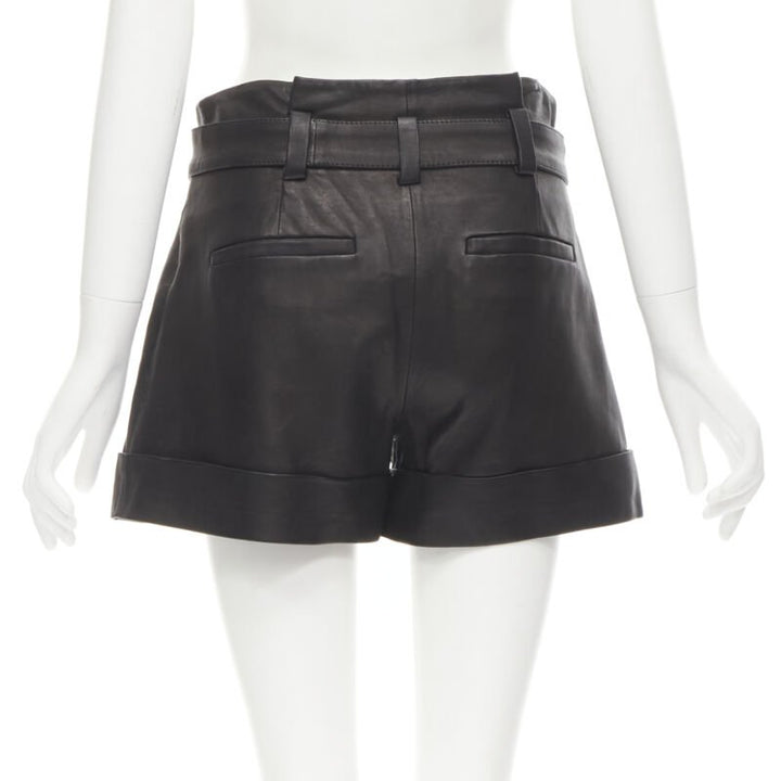 THEORY black leather belted paperbag waist wide cuffed shorts US0 XS