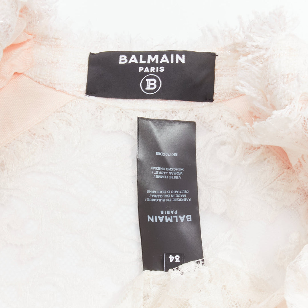 BALMAIN Spencer pink white tweed sheer lace ruffle blazer jacket FR34 XS