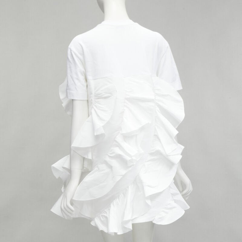 ALEXANDER MCQUEEN 2022 Hybrid white spiral ruffle cotton tshirt dress IT36 XS