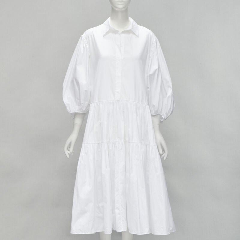 CECILIE BAHNSEN Amy white cotton poplin tiered shirred flared moumou dress UK6 S