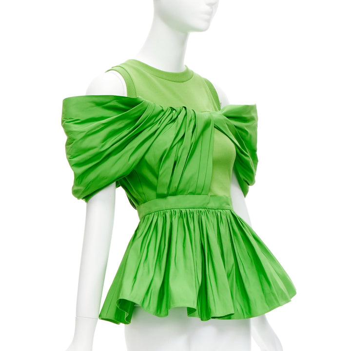 ALEXANDER MCQUEEN 2023 green cotton pleated peplum faille cold shoulder top IT38