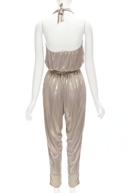 DIANE VON FUSTENBERG Carolette liquid metal gold halter backless jumpsuit S