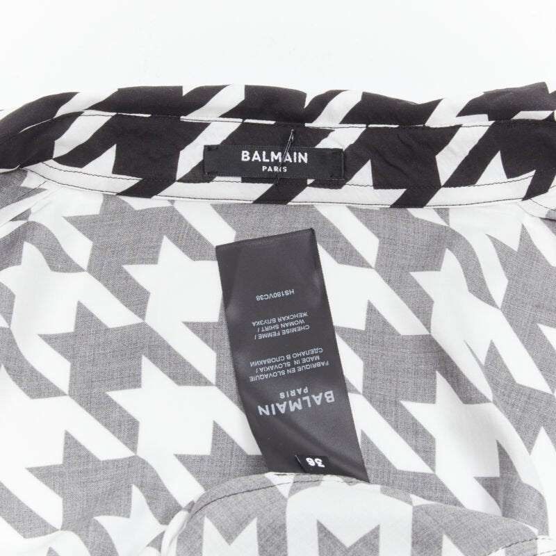 BALMAIN  black white houndstooth viscose gold B button long sleeve blouse FR38 S