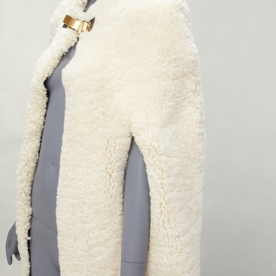 rare OLD CELINE Phoebe Philo 2010 Runway gold buckle cream shearling cape FR36