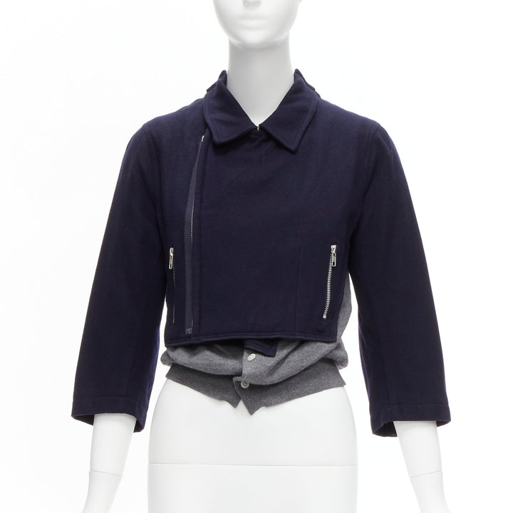 COMME DES GARCONS wool navy grey deconstructed hybrid biker cropped cardigan S