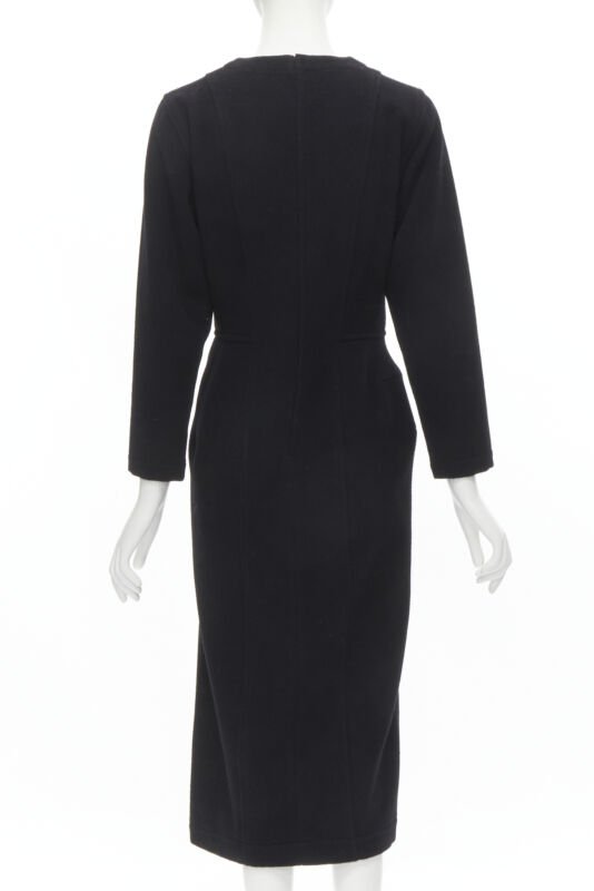 vintage COMME DES GARCONS 1980s black wool asymmetric panelled sheath dress M