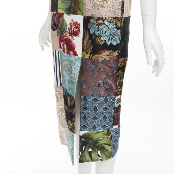 DOLCE GABBANA 2021 mixed grid patchwork jacquard front slit  midi dress IT38 XS