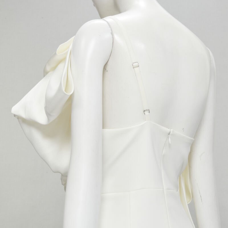 SOLACE Tove Midi white polyester ruffle cascade shoulder flounce dress UK12 M