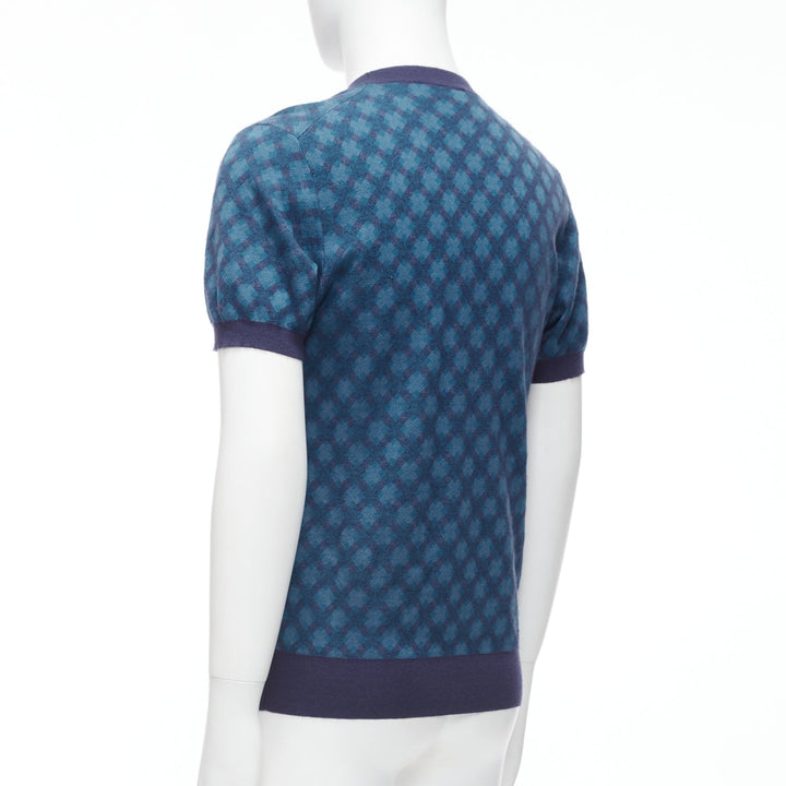 BRIONI silk cashmere blue navy diagonal check short sleeve sweater IT50 L