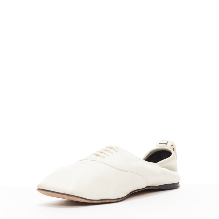 LOEWE Derby white soft leather black logo tab lace up flat shoes EU37