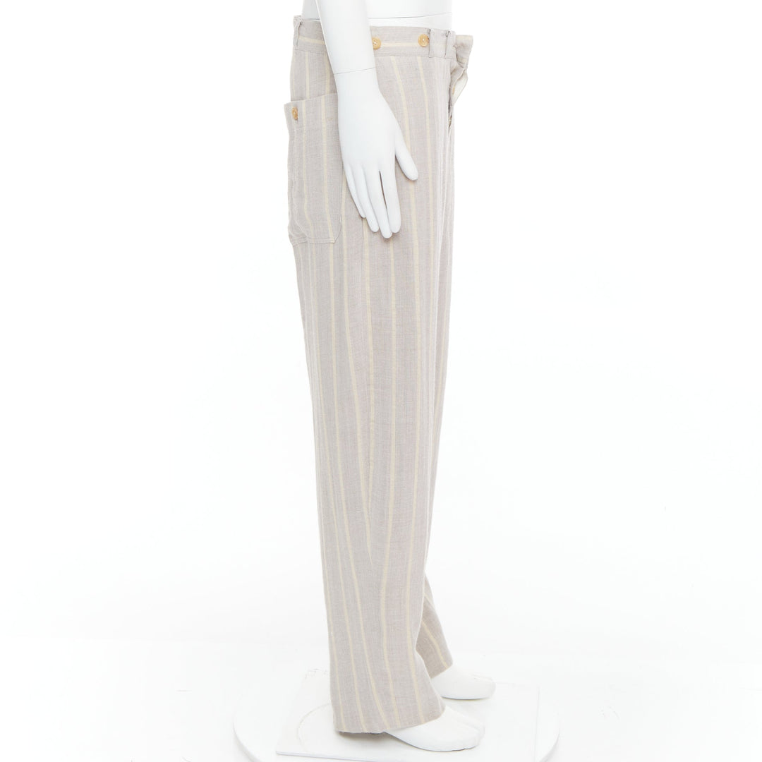 YOHJI YAMAMOTO grey yellow striped rayon linen button waist wide pants M