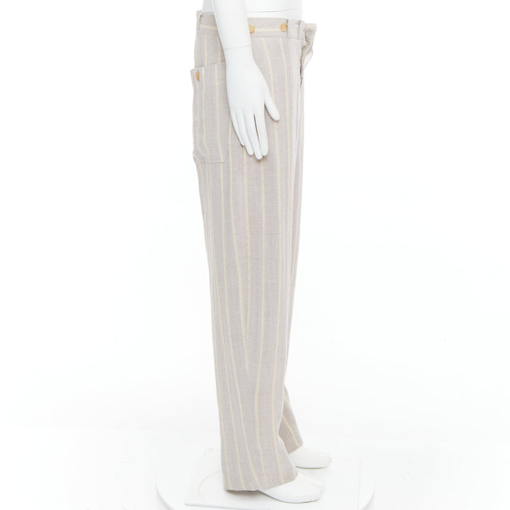YOHJI YAMAMOTO grey yellow striped rayon linen button waist wide pants M