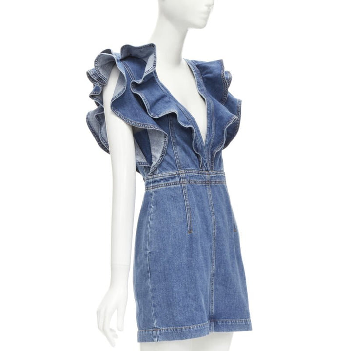 PHILOSOPHY DI LORENZO SERAFINI blue denim ruffled plunge neck dress IT38 XS