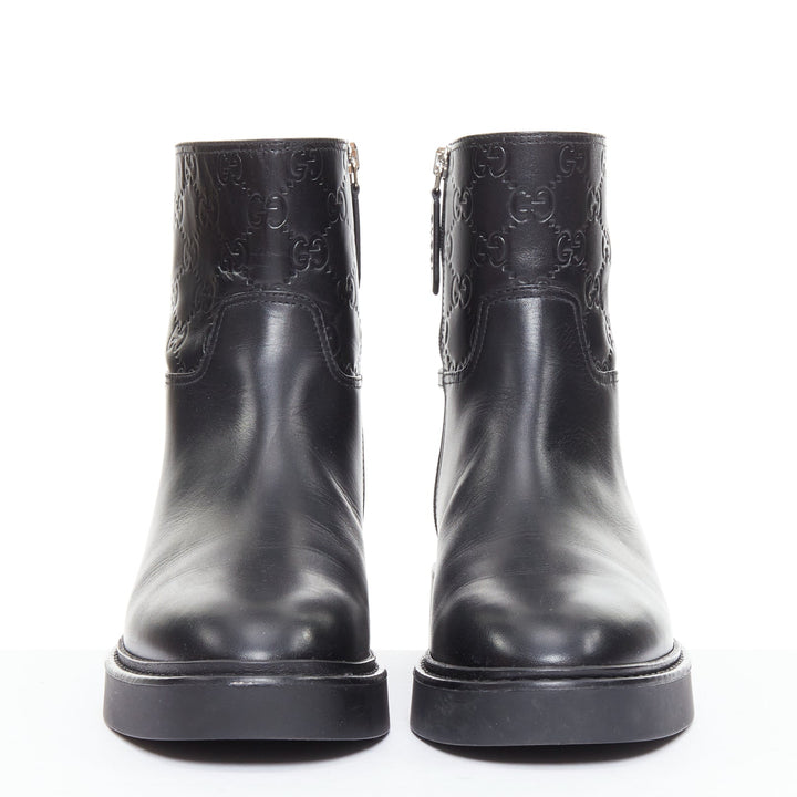 GUCCI Slim Horsebit black silver GG monogram embossed ankle boots EU37
