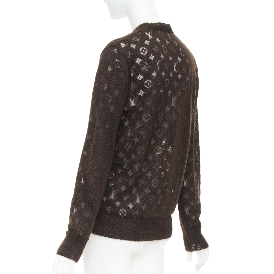 LOUIS VUITTON brown mohair blend LV logo monogram sheer knit sweater XS