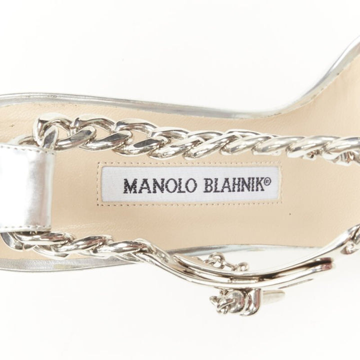 MANOLO BLAHNIK silver chunky chain lock ankle strap high heel sandal EU37 US7