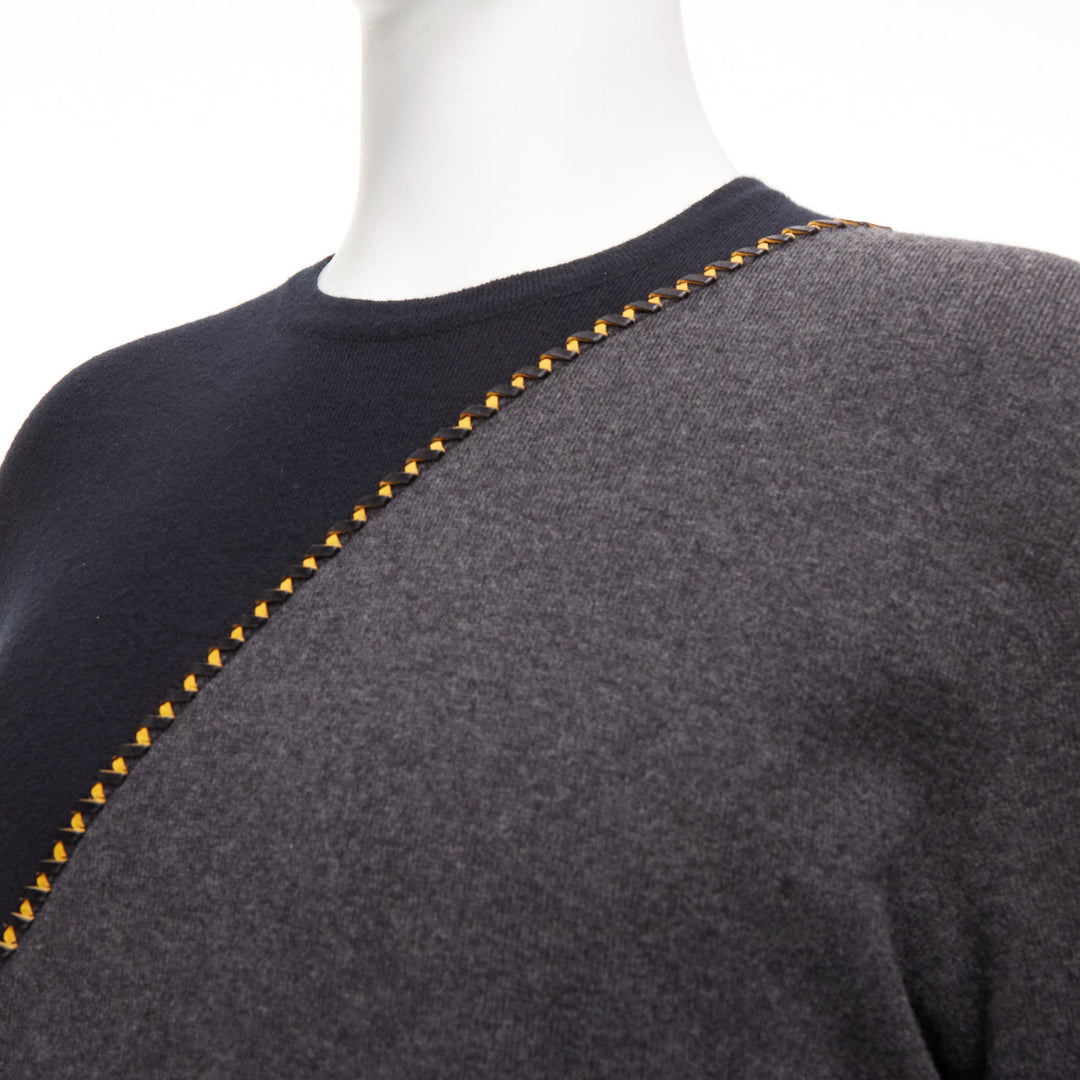 BERLUTI grey black yellow lambskin leather stitch wool cashmere split sweater M