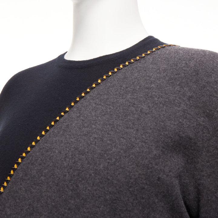 BERLUTI grey black yellow lambskin leather stitch wool cashmere split sweater M
