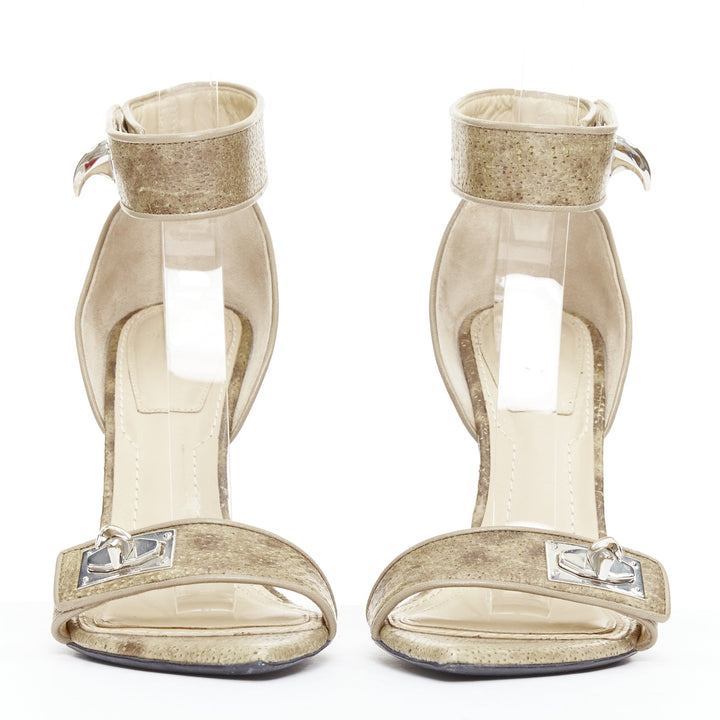 GIVENCHY Riccardo Tisci khaki leather silver sharktooth turnlock sandals EU38