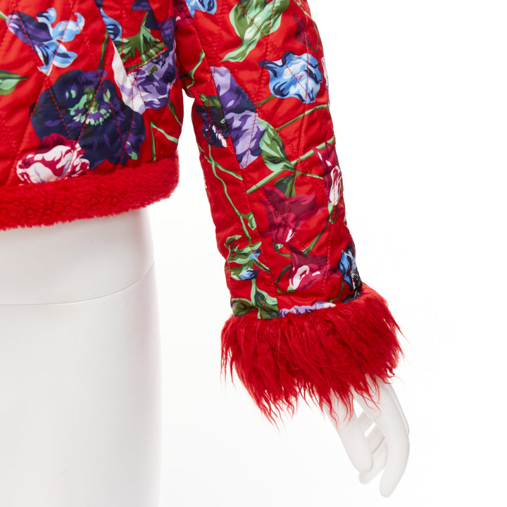 KENZO Memento reversible red purple flower print faux fur crop jacket FR34 XS