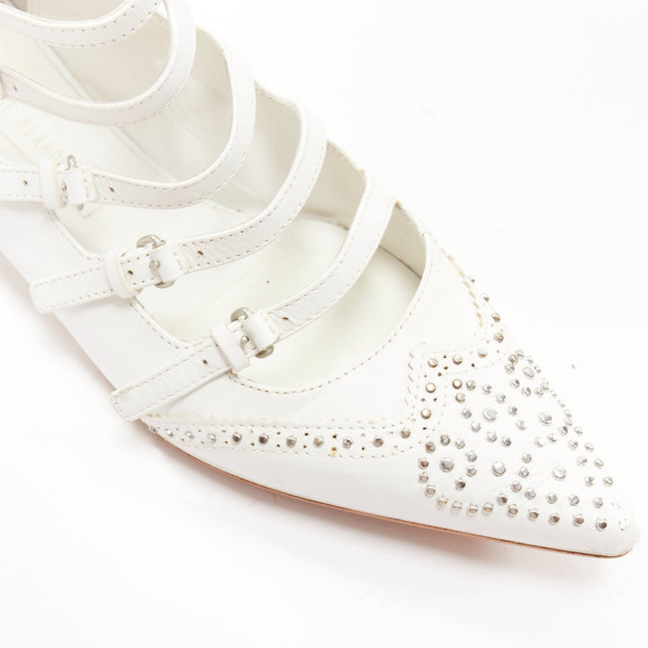 VERONIQUE BRANQUINHO white leather silver studded wingtip strappy flats EU37.5
