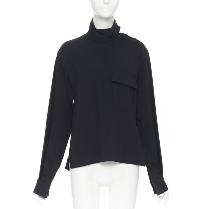 VICTORIA BECKHAM black crepe flap breast pocket strapped collar blouse top UK8 M