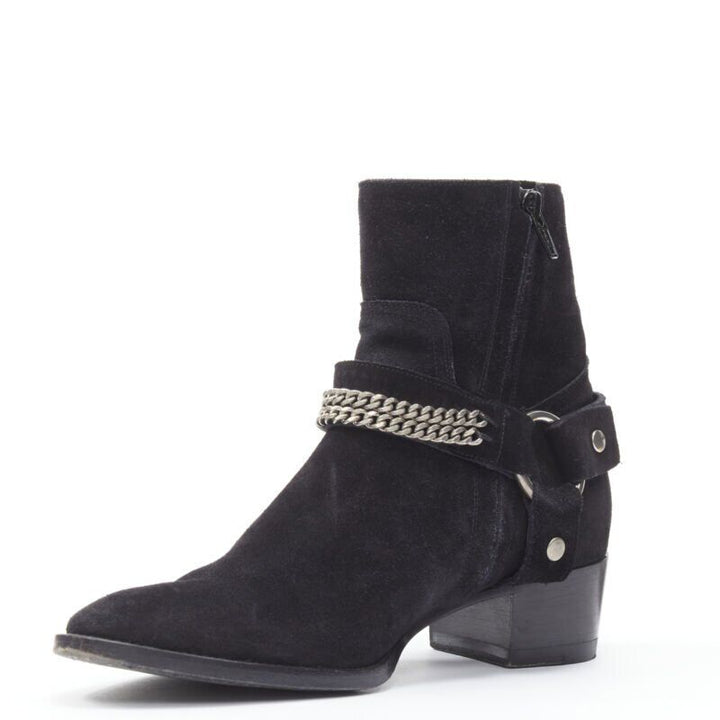 SAINT LAURENT Wyatt 40 black suede silver chain harness ankle boot EU36.5