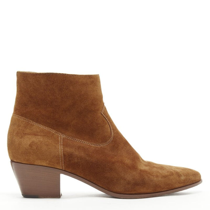 SAINT LAURENT Wyatt tan brown suede almond toe cuban bootie EU38
