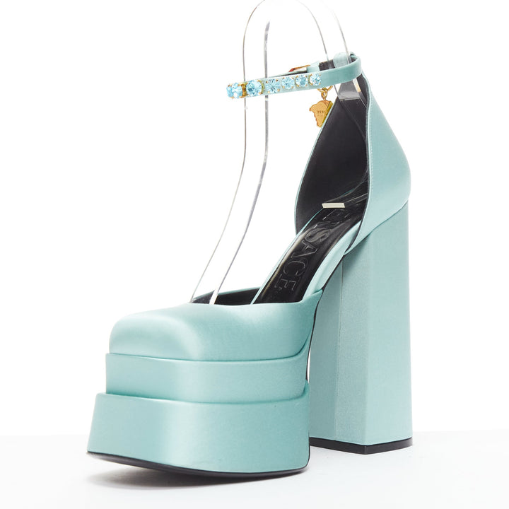 VERSACE Medusa Aevitas sky blue satin Medusa charm platform heels 37.5