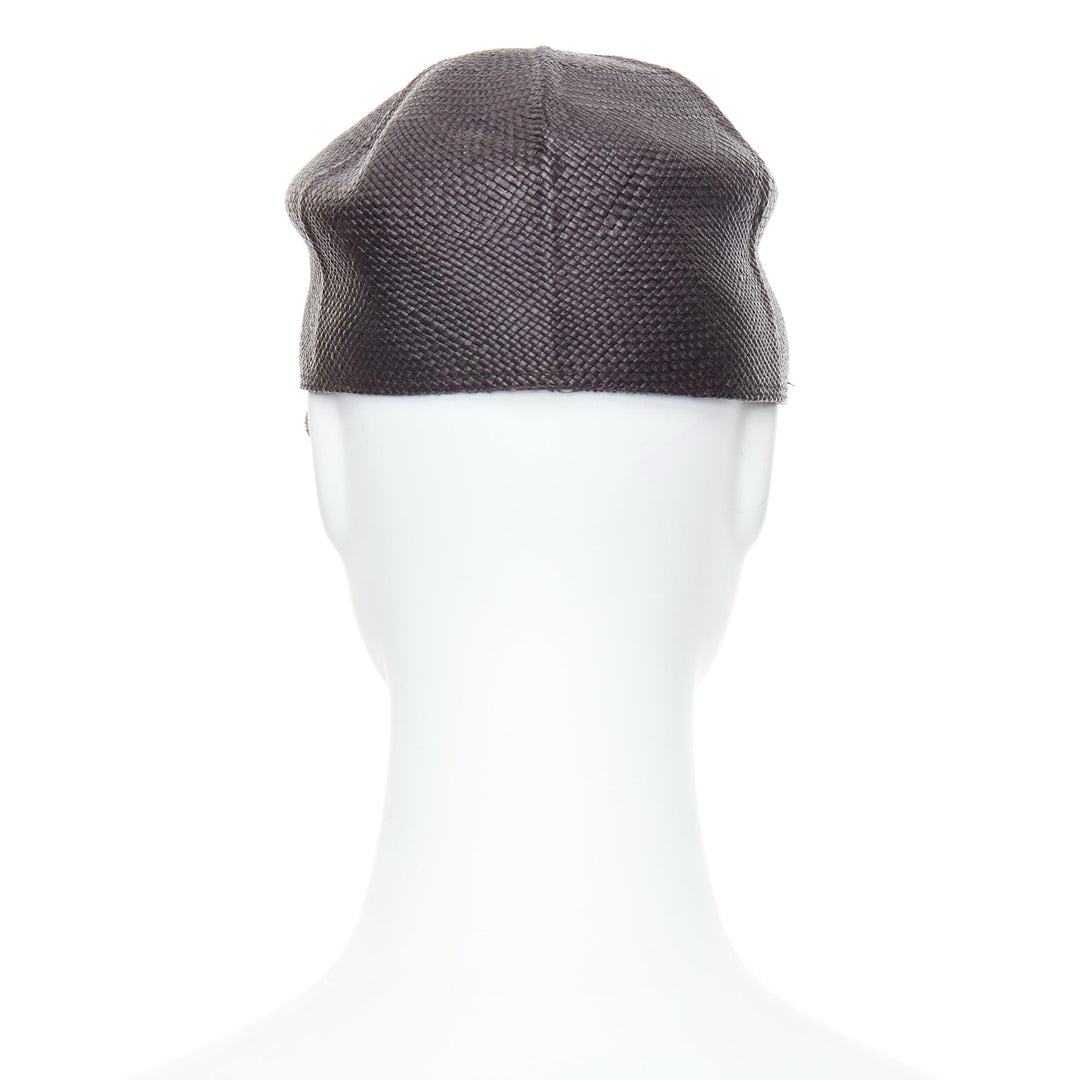 HERMES Riley Panama black straw small silver logo cotton lined cap hat 57cm