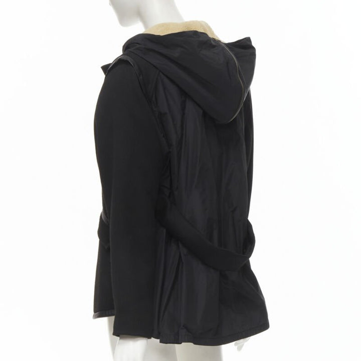 MAJE black fully shearling lined leather trim flared back coat FR36 S