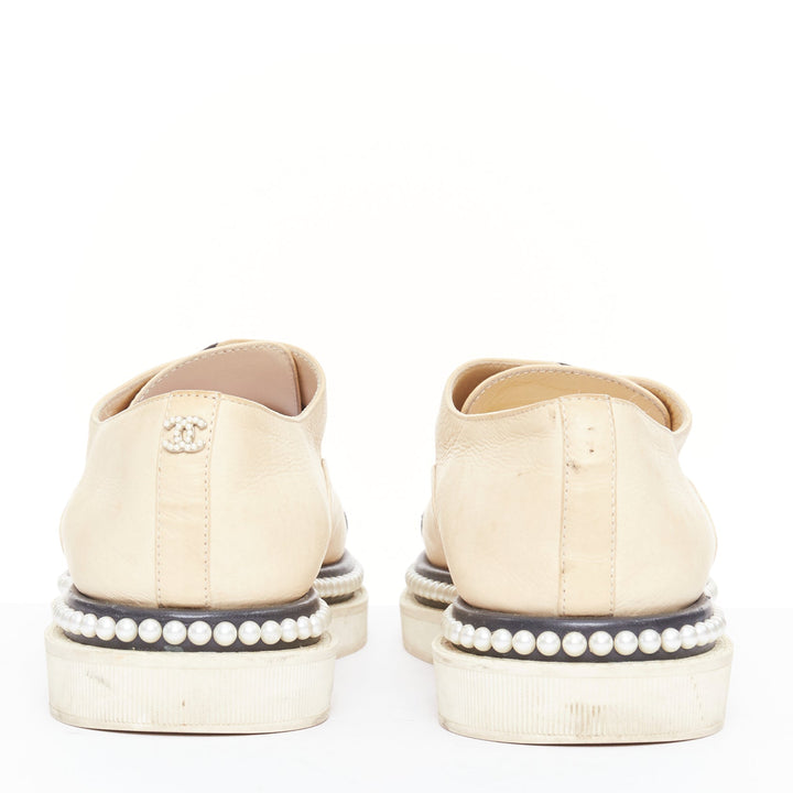 CHANEL beige black monochrome leather faux pearl lace up derbies EU35.5
