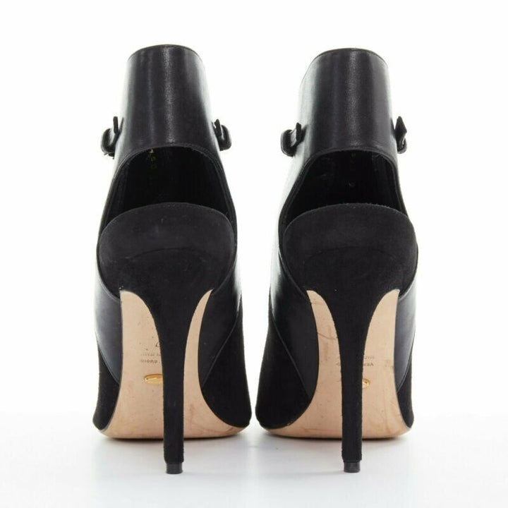 SERGIO ROSSI black suede leather strap buckle peep toe heel ankle bootie EU37