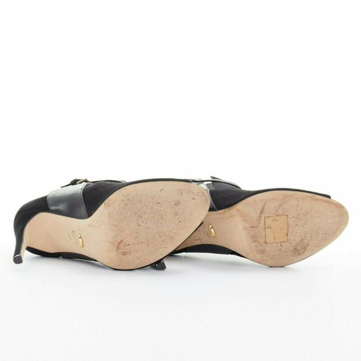 SERGIO ROSSI black suede leather strap buckle peep toe heel ankle bootie EU37