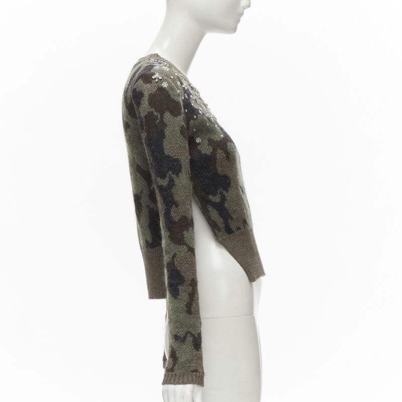 GIAMBATTISTA VALLI 2021 green camo crystal embellished cropped sweater IT38 XS