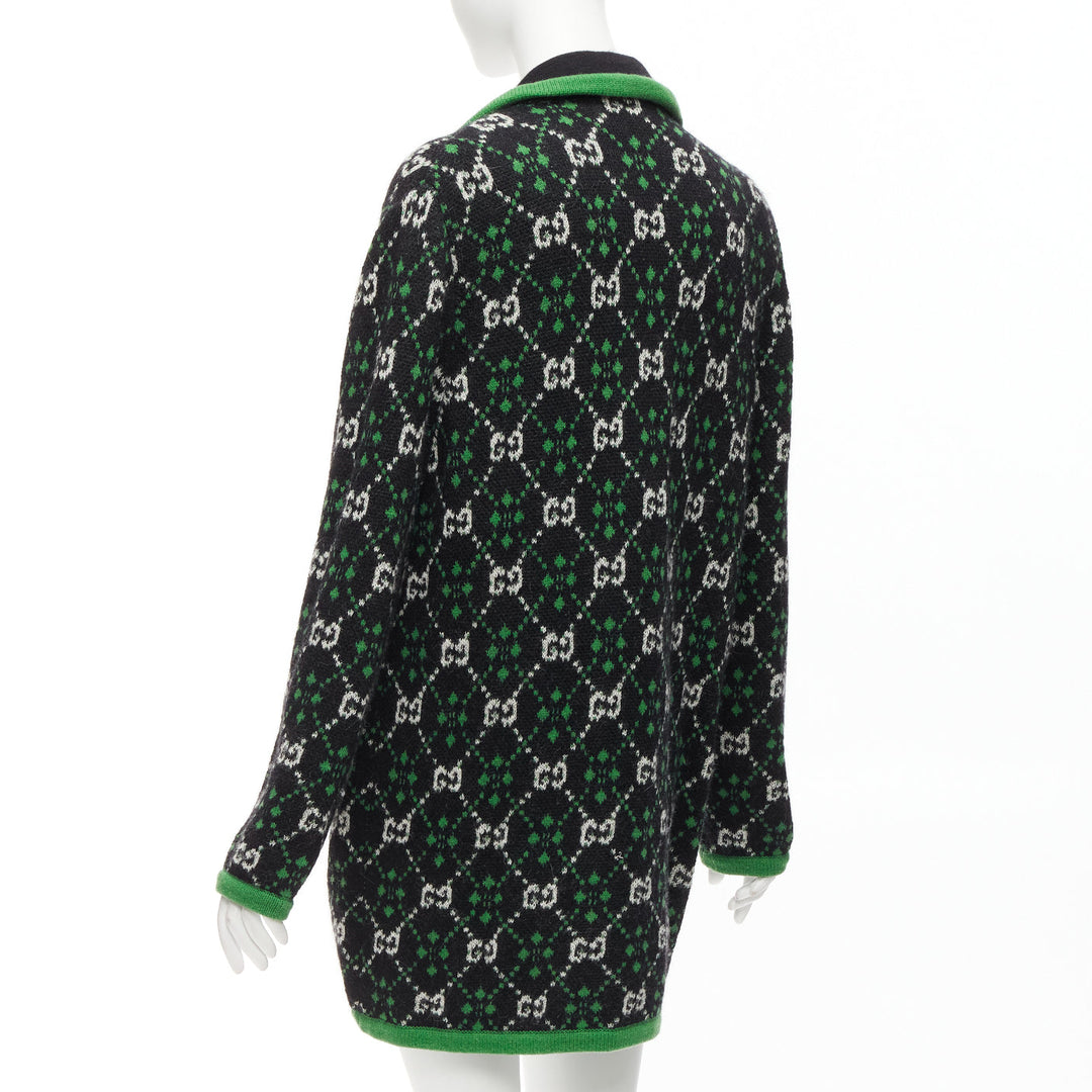 GUCCI 2018 white black GG monogram alpaca wool green trim knit coat S