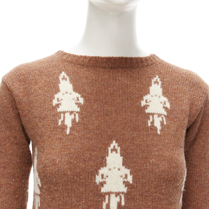 PRADA 2015 100% shetland wool brown rocket intarsia sweater IT36 XXS