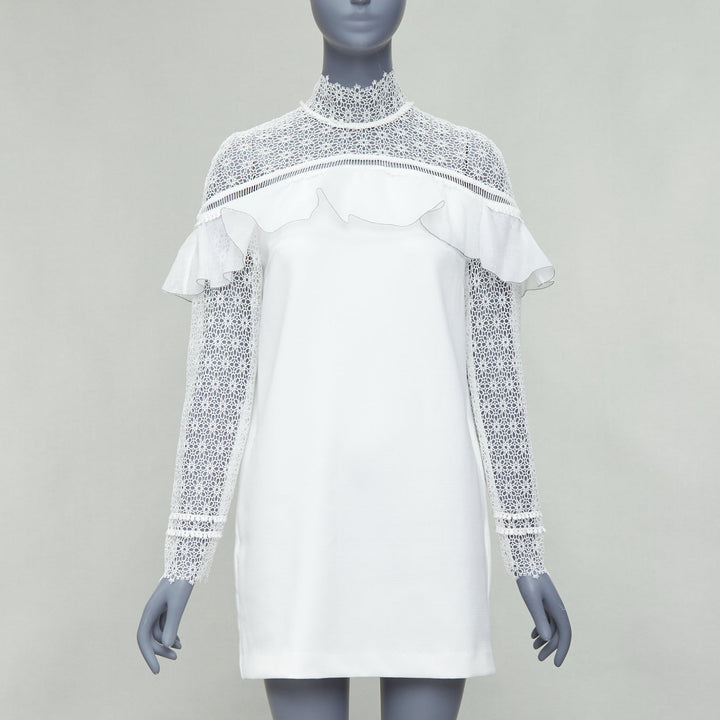 SELF PORTRAIT Military Cape Shoulder white floral lace ruffle dress UK4 XXS