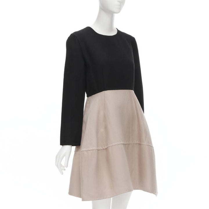 MARNI black nude wool crepe long sleeve bubble skirt fit flared dress IT38 XS