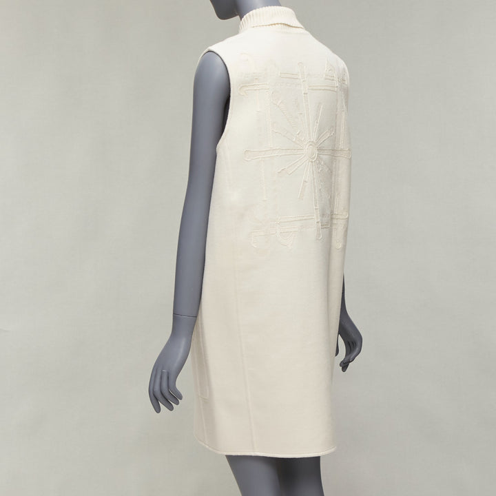 HERMES 100% cashmere cream applique back ribbed zip sleeveless coat FR34 XS