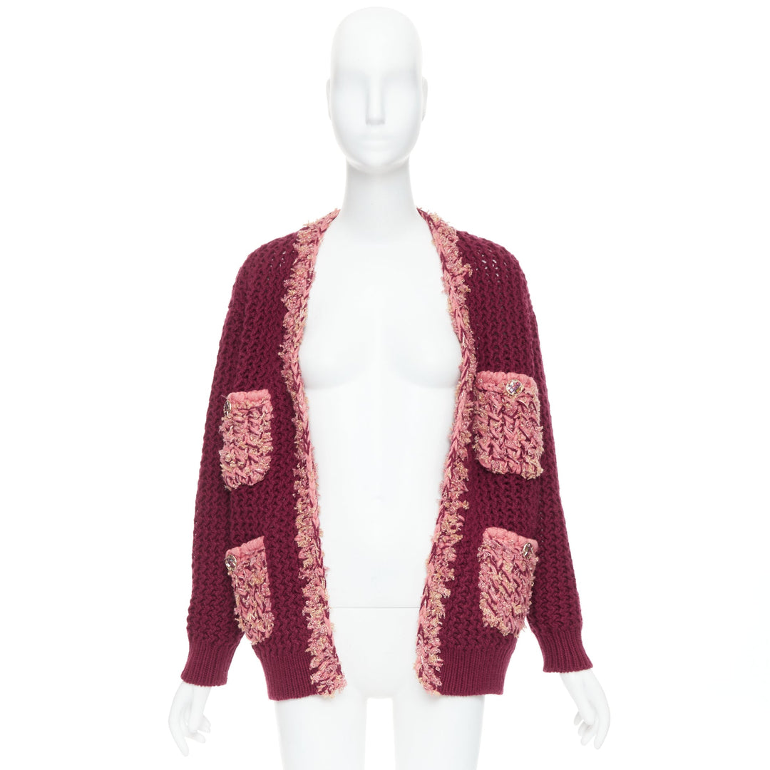 CHANEL 2022 Runway 100% cashmere burgundy pink tweed 4 pockets cardigan FR34 XS