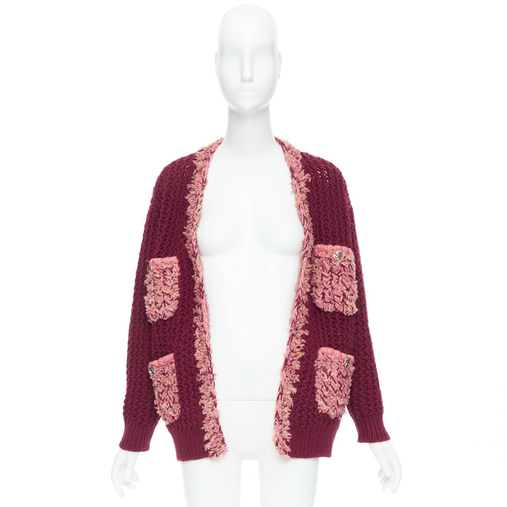 CHANEL 2022 Runway 100% cashmere burgundy pink tweed 4 pockets cardigan FR34 XS