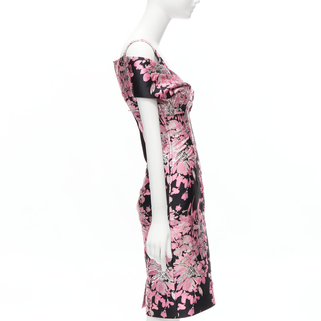DOLCE GABBANA black pink floral jacquard off shoulder corsetted dress IT36 XXS