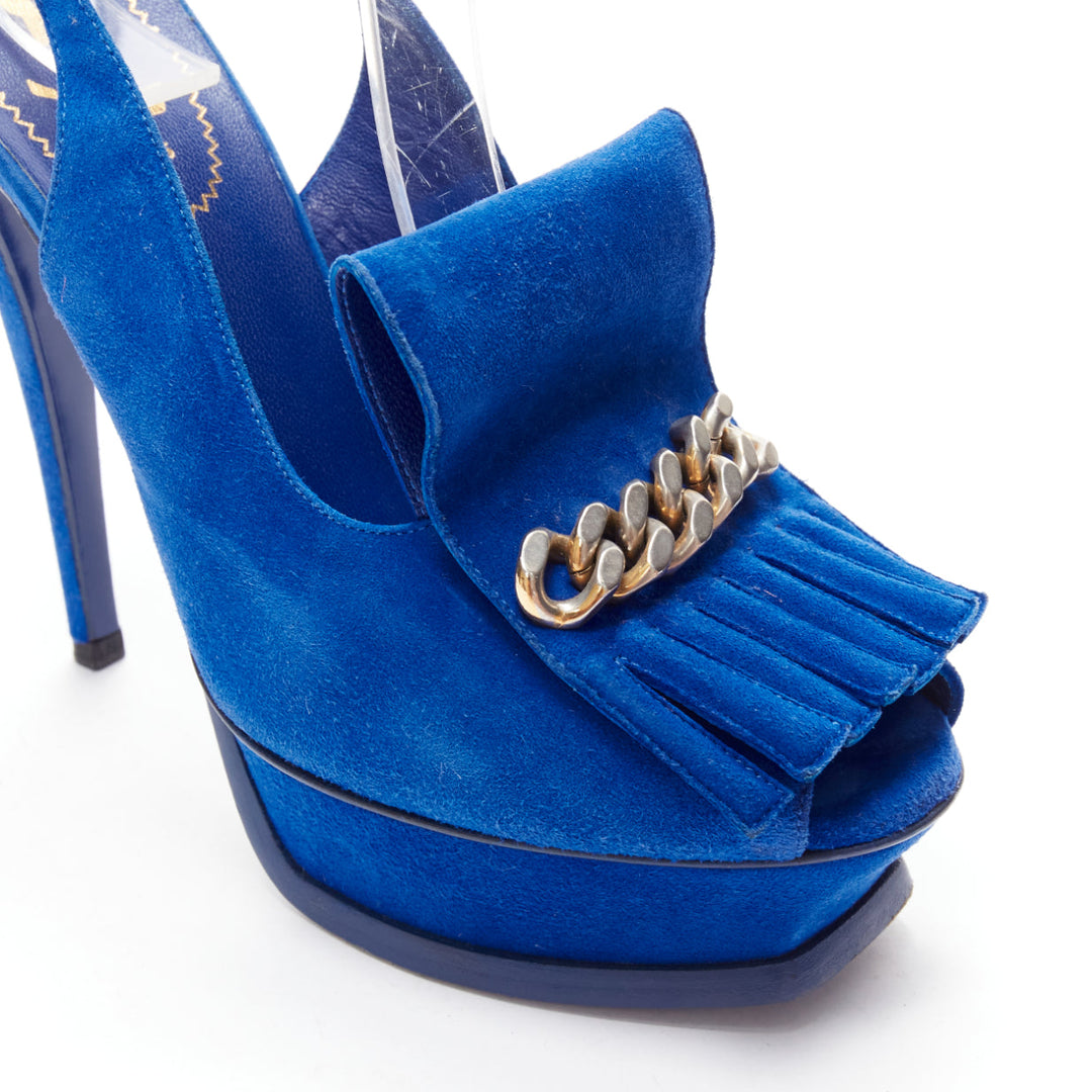 YVES SAINT LAURENT Tribute cobalt blue suede fringe chain platform EU37.5