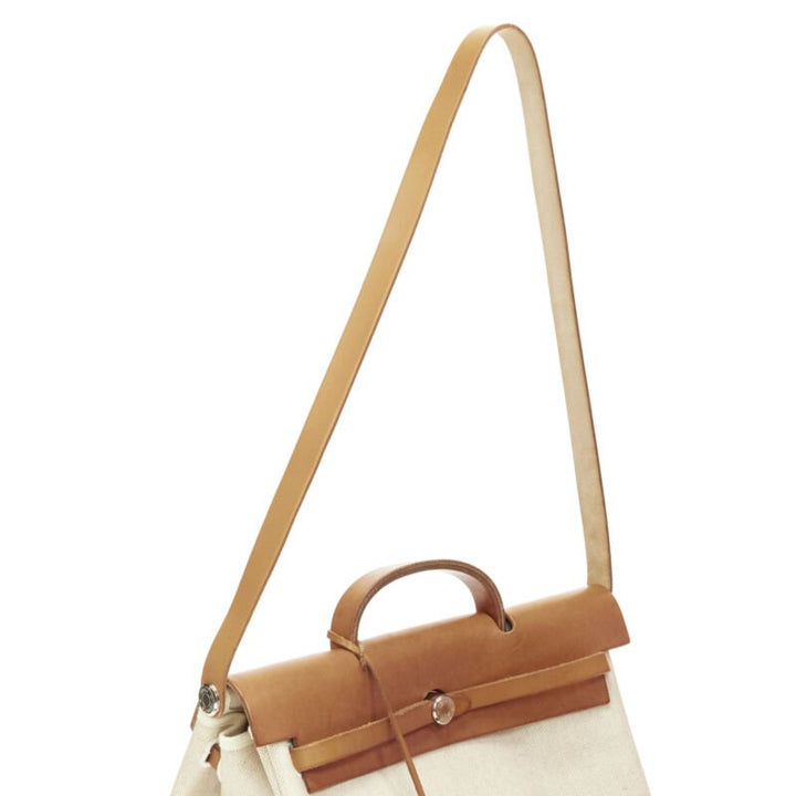 HERMES Herbag MM beige Toile coated canvas brown leather PHW 2-in-1 bag