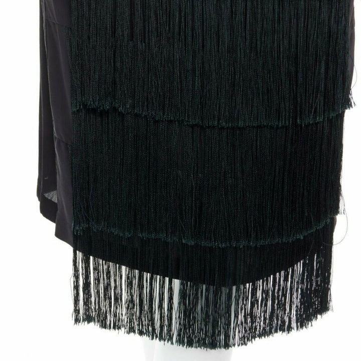 runway DRIES VAN NOTEN 2013 black fringe trim silk flapper dress FR38 US6 S