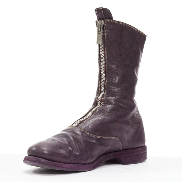 MARSELL dark purple tumbled leather silver front zip ankle boots EU37